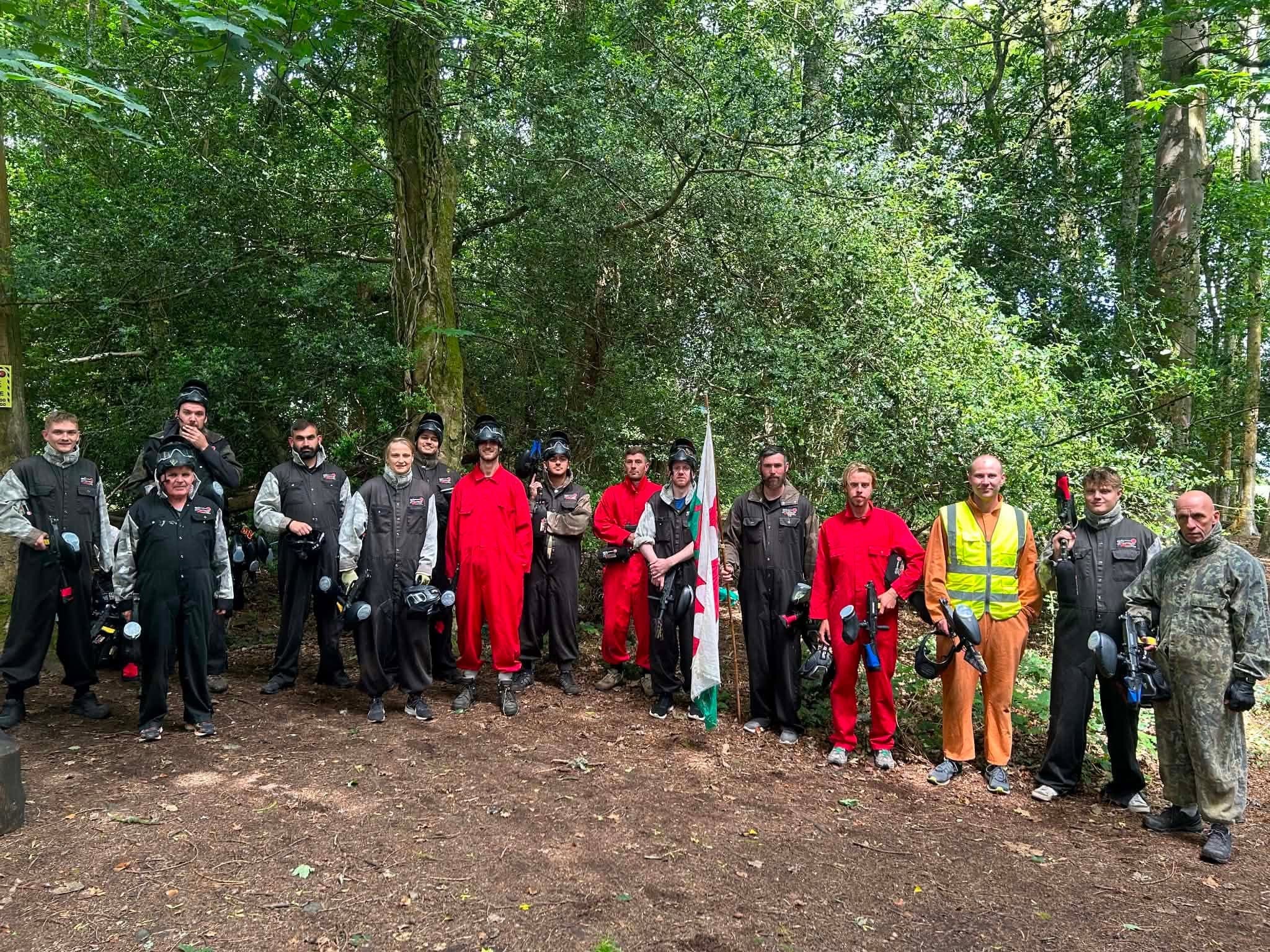 Stag do players in the Snowdonia woodland